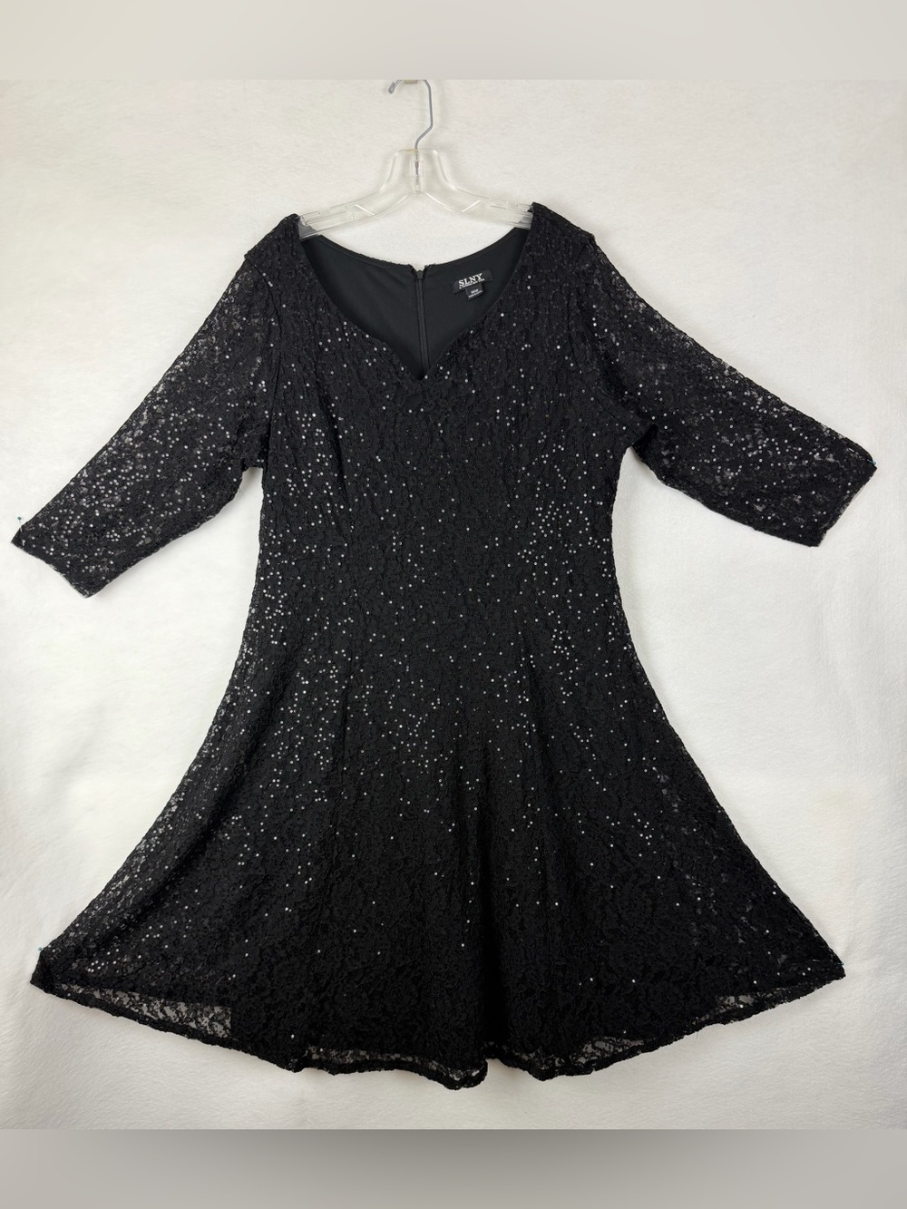 SLNY Black Sequin Lace Fit-and-Flare Dress